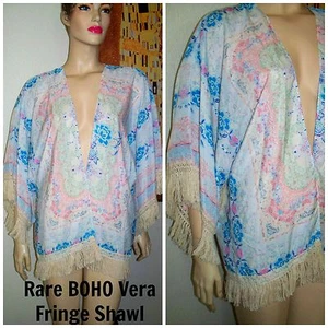 Vera Neumann Fringed Floral Shawl Blue Pink Wrap Ladybug Signature OS Vintage - Picture 1 of 7