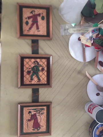Vtg Asian Oriental framed 3D copper Art wall decor Lot of 3 on Leather Belt 1949 Cover