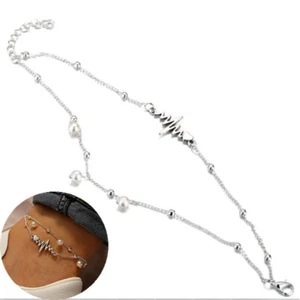 Joyería de doble pie ECG corazón mujer tobillo plateado cadena de playa - Imagen 1 de 7
