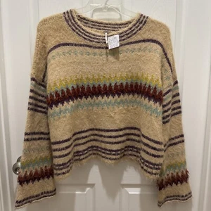 Nuevo con etiquetas Suéter Free People Recortado Cuello Redondo Marfil Combo Rayas Manga Campana Grande L - Imagen 1 de 6
