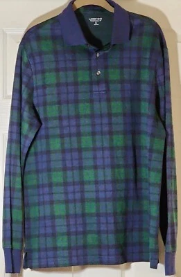 Camisa polo Lands' End para hombre manga larga azul verde negro púrpura cuello azul a cuadros Foto 1 de 4