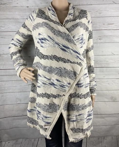 Lucky Brand Cardigan Sweater XS Ivory Gray Abstract Stripe Open Front Knit BOHO - Picture 1 of 12