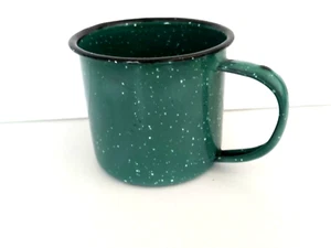 Enamel MUG 4oz CUP 2.5" D tin w/handle Green white Speckles Primitive Rustic Vtg - Picture 1 of 9