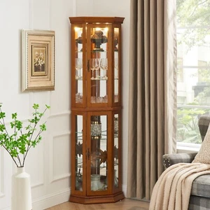 Corner Curio Cabinet w/Lights, Adjustable Tempered Glass Shelves, Mirrored Back - Picture 1 of 58