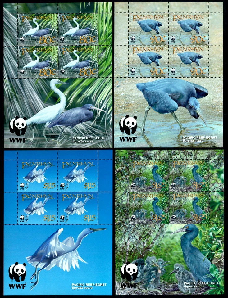 Penrhyn 2008 MNH 4v Sheets, Birds, Eastern Reef Heron, Pacific Reef Egret - Image 1 of 1