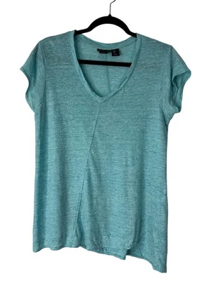 Tahari Top Size L Teal 蓝色亚麻 V 领 Lagenlook Beachy 不对称 T 恤 — 第 1/4 张图片