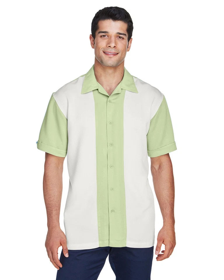 M575 Harriton Mens Two-Tone Bahama Cord Camp Shirt Green Mist/Creme 2XL - Image 1 of 3