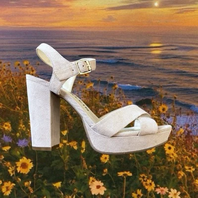 Sandalia de Colección Años 90 Y2K Plataforma Tacón Correa Mujer 8 M/38 Gamuza Beige Zapato Sandalias Foto 1 de 4