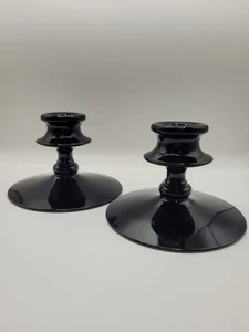 2 Vintage Amethyst Black Glass Candlestick Holders L E Smith Glass - Picture 1 of 6