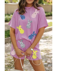 Azura Exchange Phalaenopsis Ribbed Sequined Easter Bunny Graphic Tee and Short - Picture 1 of 6