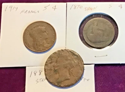 LOT OF 3 OLD COINS 1914 5C FRANCE, 1870 5C SPAIN, 1883 1C, STRAITS SETTLEMENT - Image 1 of 4