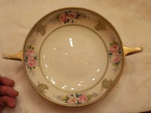 VINTAGE HAND PAINTED NIPPON DOUBLE HANDLED BOWL PINK FLORAL DECOR - Picture 1 of 4