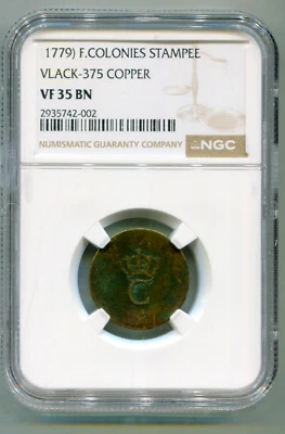 French Colonies Stampee (1779) Vlack-375 copper  NGC VF 35 BN V rare  lotapr9686 - Image 1 of 2