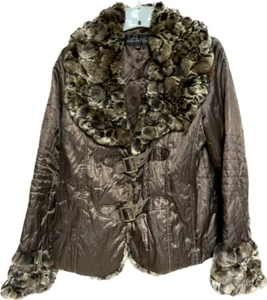 DONNA SALYERS FABULOUS Furs Brown Coat Jacket with Faux Fur Trim Size M - Picture 1 of 3