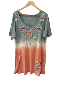 Boho T Shirt Dress Embroidered Cotton Blue White Peach Short Sleeve Tie Dye sank - Picture 1 of 8