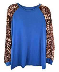 Pullover camicia donna manica lunga blu stampa leopardata maniche XL etichette - Foto 1 di 8