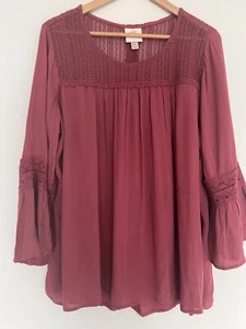 KNOX ROSE Fuchsia Flowy Top Sz XXL Lace Ruffle Flared Long Sleeves Blouse - Picture 1 of 9