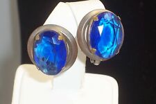 Rustic Worn Plated Brass Bezel Sapphire Blue Faceted Stone Clip On Earrings
