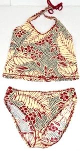 Vintage Bikini Swimsuit Anne Klein NY Sz 8 S/M Cranberry Cream Leaf 90s Made USA - Picture 1 of 13