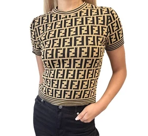 FENDI Vintage FF Logo Zucca Monogram T-shirt Knit Top #40 Brown Black Cotton - Picture 1 of 12