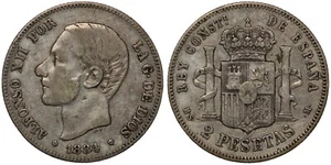 Moneda de Plata Mundial España 1884-MS M 2 Pesetas Alfonso XII 3er Retrato KM# 678,2 - Imagen 1 de 3