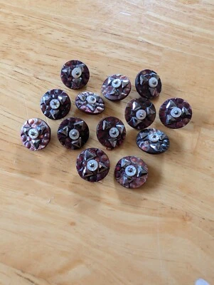 ORNATE VICTORIAN 19TH C SHELL BUTTON LOT W MOP STEEL BEAD CENTER + SHANK BACK - Image 1 of 2