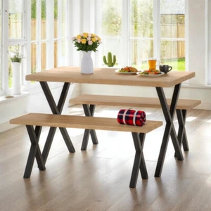 Modern Dining Bench and Table Set Metal Frame Plastic Feet Light Oak Effect Top - Picture 1 of 6