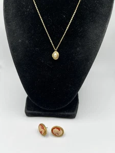 Locket Necklace & Cameo Earrings 1928 Brand Miniature Locket Pink Cameo Earrings - Picture 1 of 10