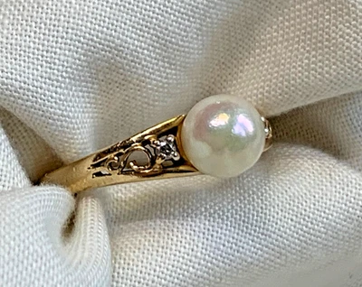 Anillo de perlas de oro amarillo de 14K 2,85 g joyería fina tamaño 6,25 banda piedra transparente *LEER* Foto 1 de 4