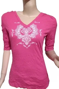 Seven7 Women’s Short Sleeves Raspberry Hoodie Floral Graphic Top Shirt Sz. M - Picture 1 of 5