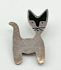 VINTAGE MEXIKO SILBER 925 Katze Kätzchen schwarz Emaille Intarsien Anstecknadel Brosche 10,5 g - Bild 1 von 6