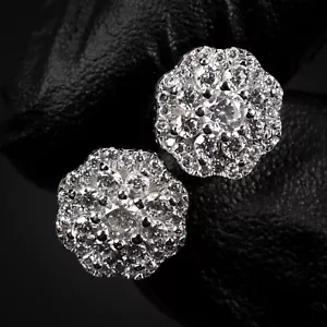 White Gold 925 Sterling Silver Men's Flower Cluster Cz Stud Screw Back Earrings - Picture 1 of 5