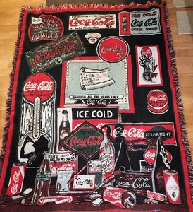 Vintage Coca Cola Advertisement Afghan Throw Blanket Tapestry Fringes VTG 64x46" - Bild 1 von 5