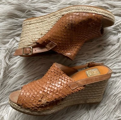 Kanna Tan Snake Embossed Leather Peep Toe Espadrille Jute Slingback Wedges Sz 39 - Image 1 of 4