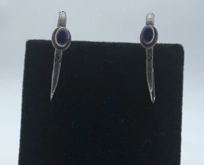 Sterling Silver earrings 1.25” with oval lapis lazuli Gems Vintage 925 handmade - Изображение 1 из 4