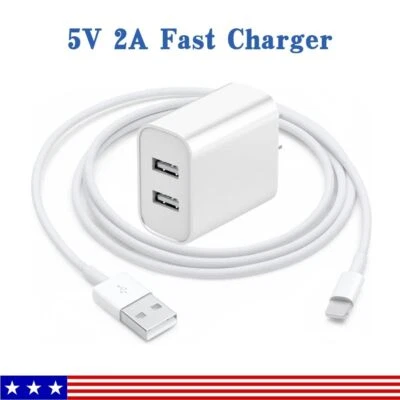 Dual USB Port Wall Charger 3/6FT Fast Charging Cable For iPhone 14 13 12 11 XS - Image 1 of 4