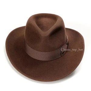 Premium Wollfilz Indiana Jones Fedora Hut mit Ripsband knautschbar Outback NEU - Bild 1 von 19
