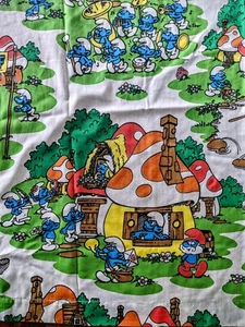 Vintage 80s Smurfs Bed Sheet Set Twin Flat & Fitted - Picture 1 of 12