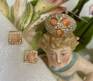 Vintage Natural Angel skin pink coral clip on earrings & Ring Size 7 Set - Picture 1 of 5