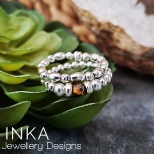 Sterling Silver Rings With Tigers Eye 925 Beaded Stretch Thumb Rings By INKA - Picture 1 of 6