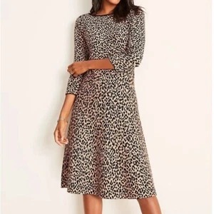 Ann Taylor Womens Petite Cheetah Print Sweater Dress Tan Black Fit Flare size SP - Picture 1 of 13