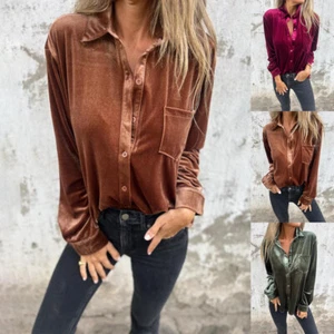 Womens Plain Velvet Tops Long Sleeve Button Tee Ladies Casual Blouse T-shirts - Picture 1 of 14