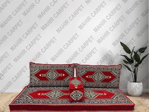 ARABIC MAJLIS JALSA TURKISH SOFA, OTTOMAN FLOOR CUSHION SEATING FULL SET RED - Picture 1 of 25