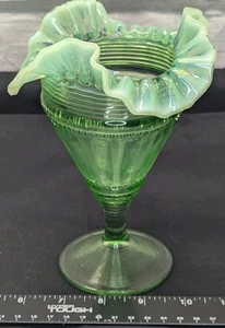 Antique EAPG Northwood Glass Co 365uv Green Vase with Opalescent Ruffle Trim 7'' - Picture 1 of 5