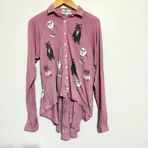 RARA Camisa Wildfox Malva Estampado de Gato Abotonada Mangas Largas Corte Cónico Pequeña Foto 1 de 4