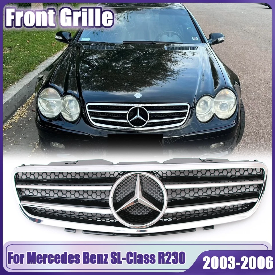 For Mercedes Benz SL-Class R230 2003-2006 SL500 SL600 Chrome Black Front Grille - Image 1 of 4