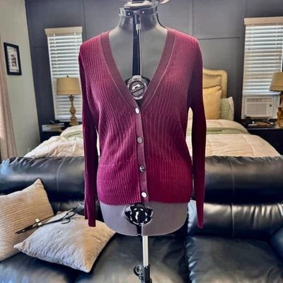 Cárdigan suéter para mujer Calvin Klein borgoña acanalado botón delantero talla L Foto 1 de 4