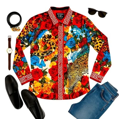 Barabas Rhinestone Floral Leopard Print Long Sleeve Shirt Men’s M Bold Style EUC - Image 1 of 4