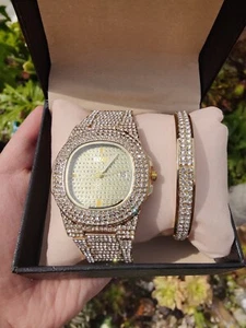 2Pcs Set Diamond Women Watches Gold Wristwatch Hiphop Bling Iced Watch Bracelet - Picture 1 of 7