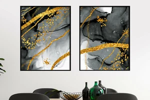Abstract wall prints, liquid paint contemporary wall decor, black and gold - Picture 1 of 9